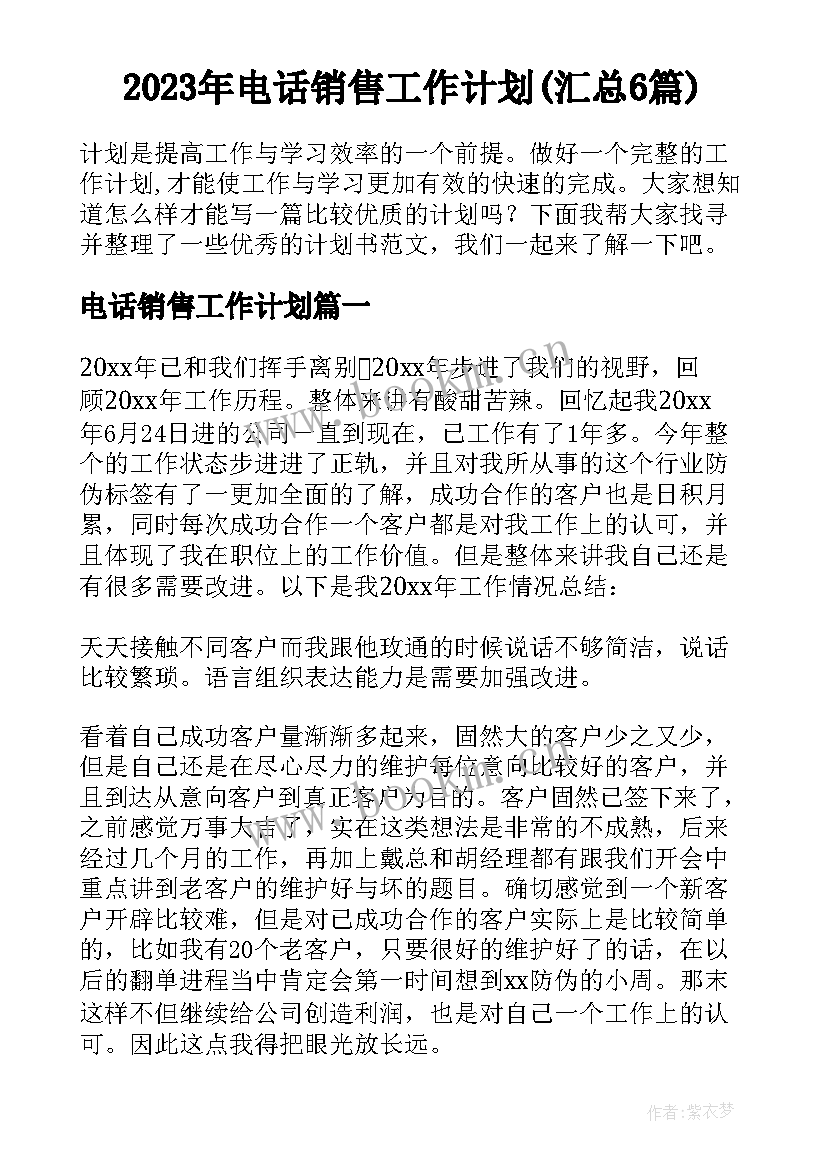 2023年电话销售工作计划(汇总6篇)