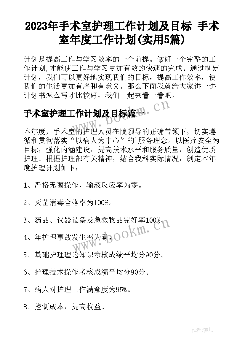 2023年手术室护理工作计划及目标 手术室年度工作计划(实用5篇)