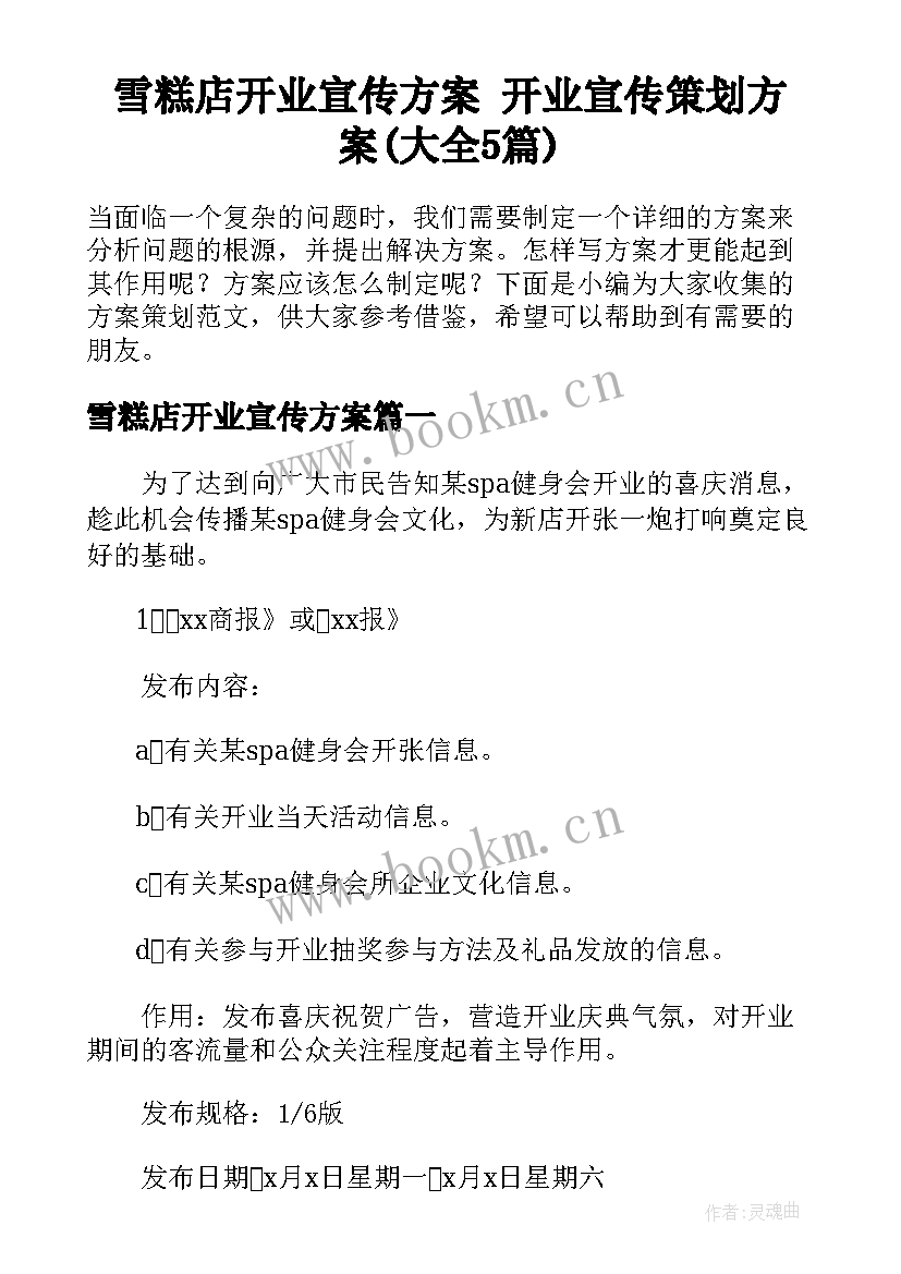 雪糕店开业宣传方案 开业宣传策划方案(大全5篇)