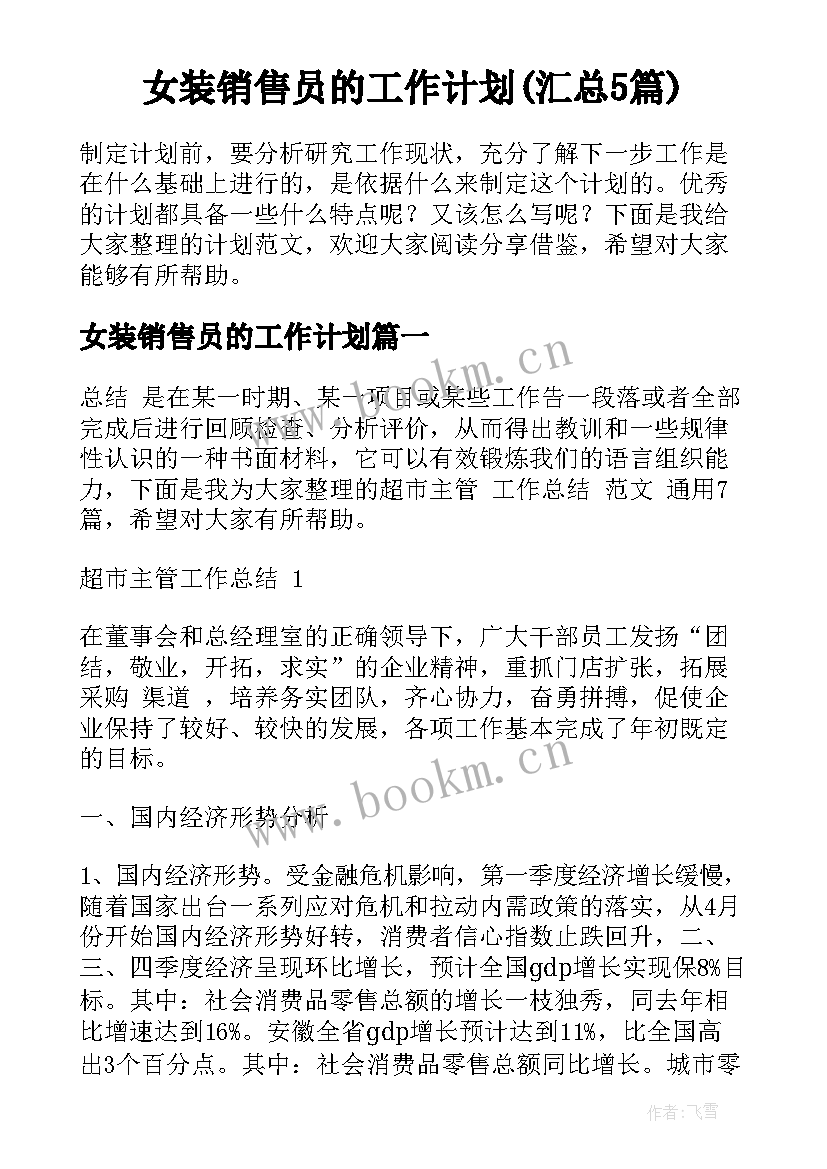 女装销售员的工作计划(汇总5篇)