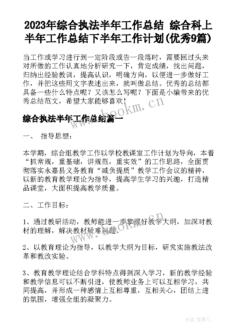 2023年综合执法半年工作总结 综合科上半年工作总结下半年工作计划(优秀9篇)