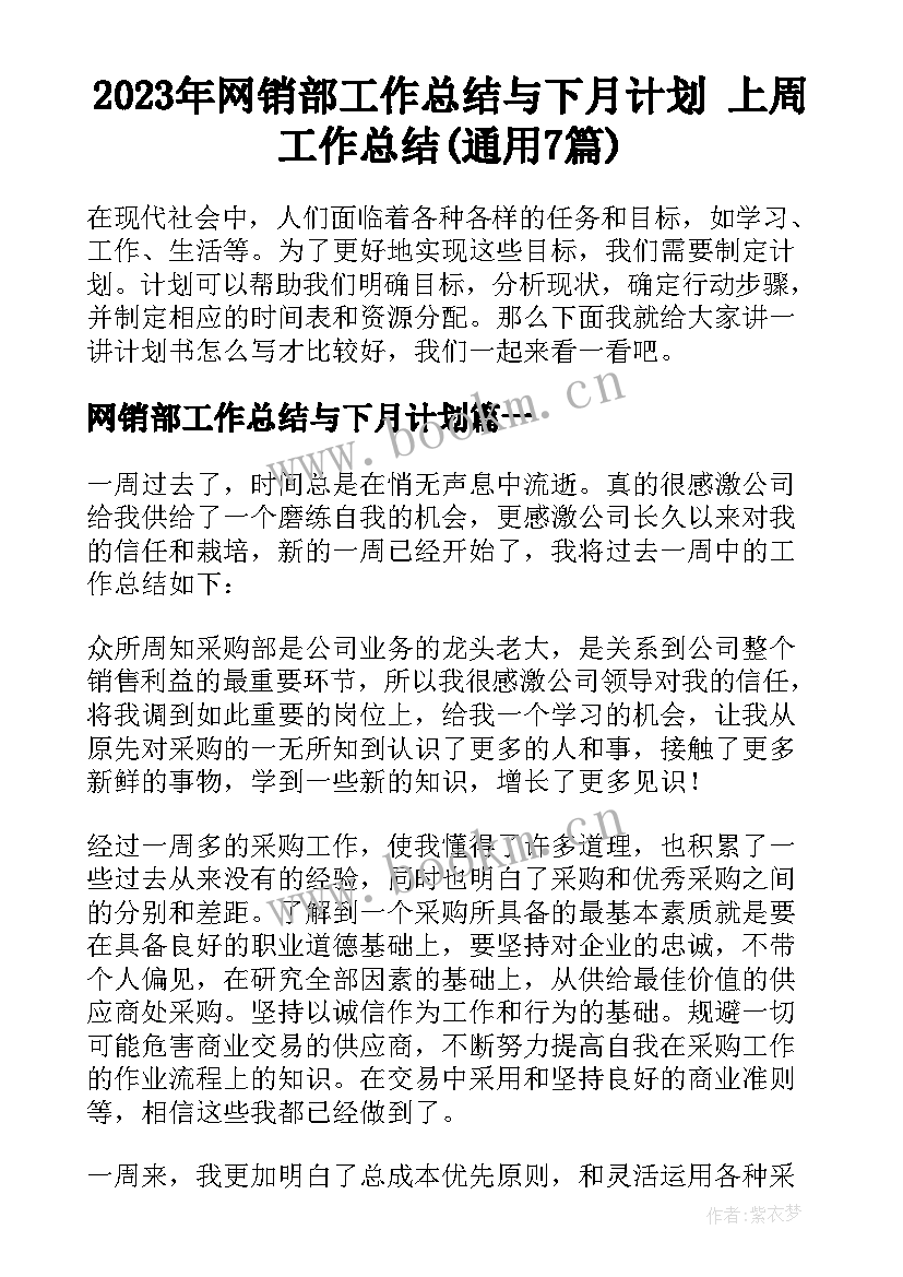 2023年网销部工作总结与下月计划 上周工作总结(通用7篇)