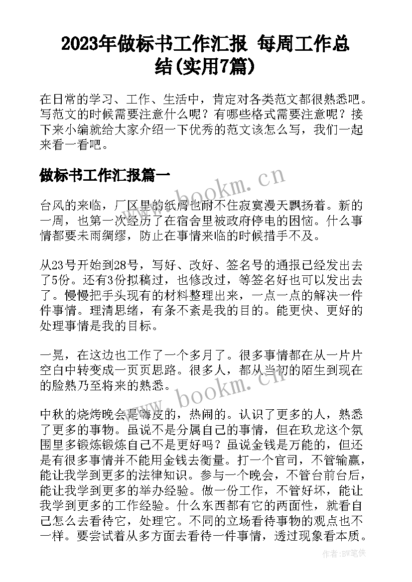 2023年做标书工作汇报 每周工作总结(实用7篇)