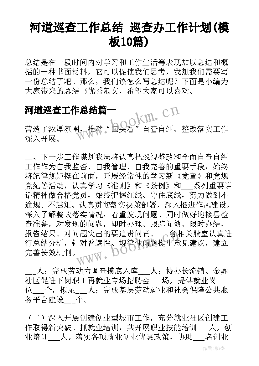 河道巡查工作总结 巡查办工作计划(模板10篇)