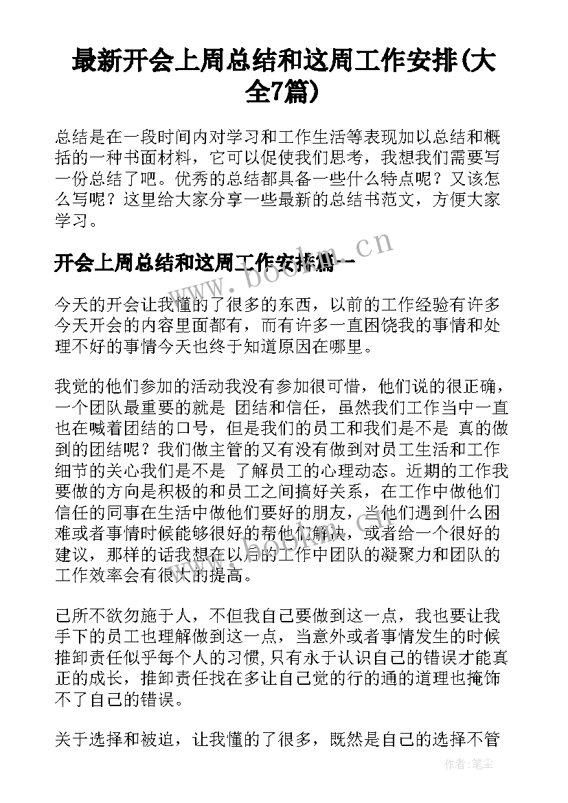 最新开会上周总结和这周工作安排(大全7篇)