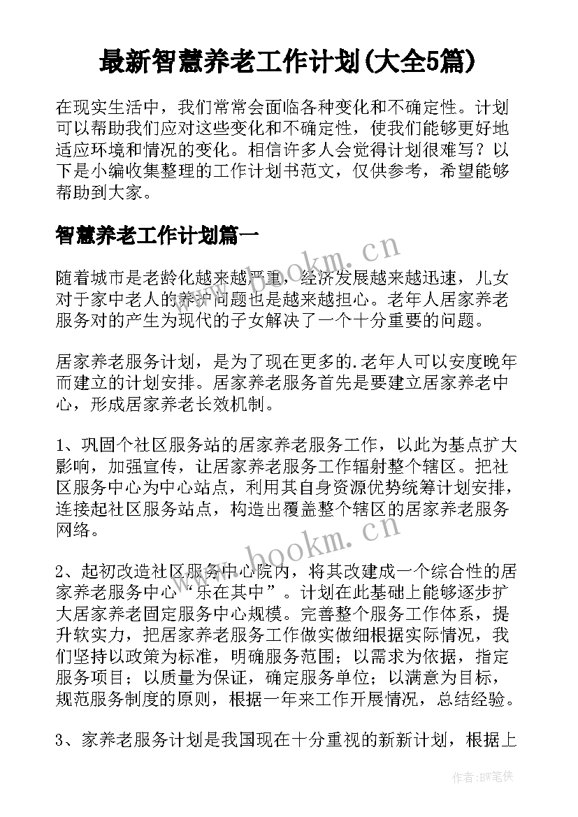 最新智慧养老工作计划(大全5篇)