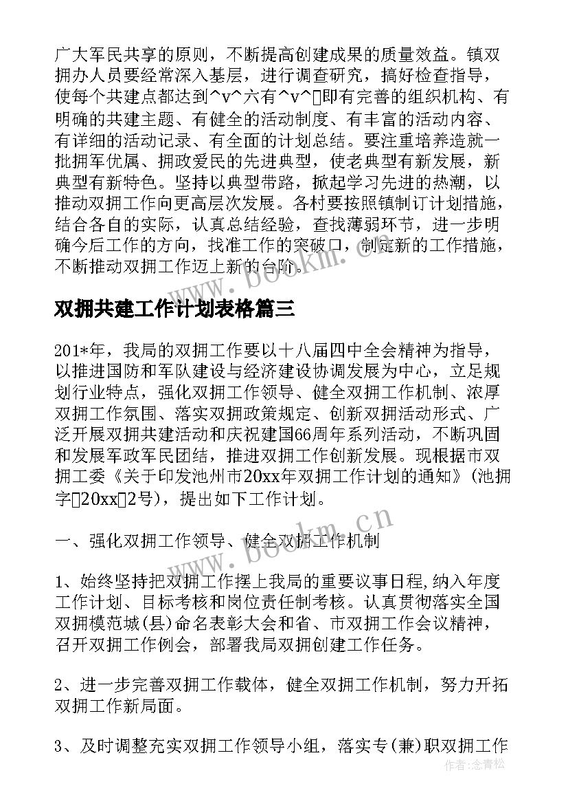 最新双拥共建工作计划表格 乡村双拥共建工作计划(大全5篇)