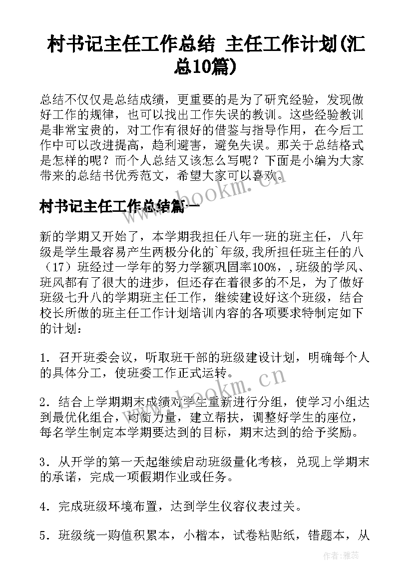 村书记主任工作总结 主任工作计划(汇总10篇)