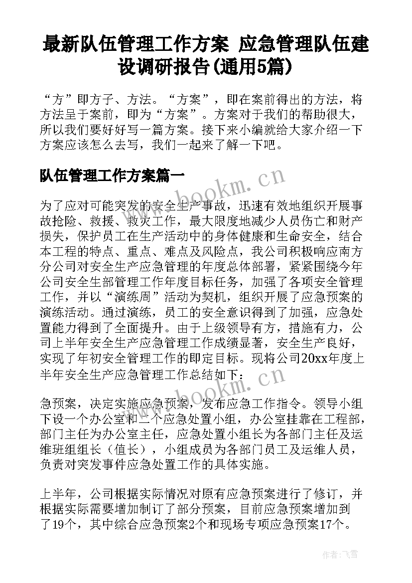 最新队伍管理工作方案 应急管理队伍建设调研报告(通用5篇)