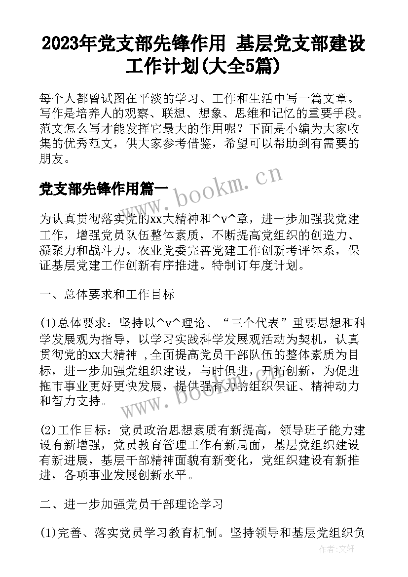 2023年党支部先锋作用 基层党支部建设工作计划(大全5篇)