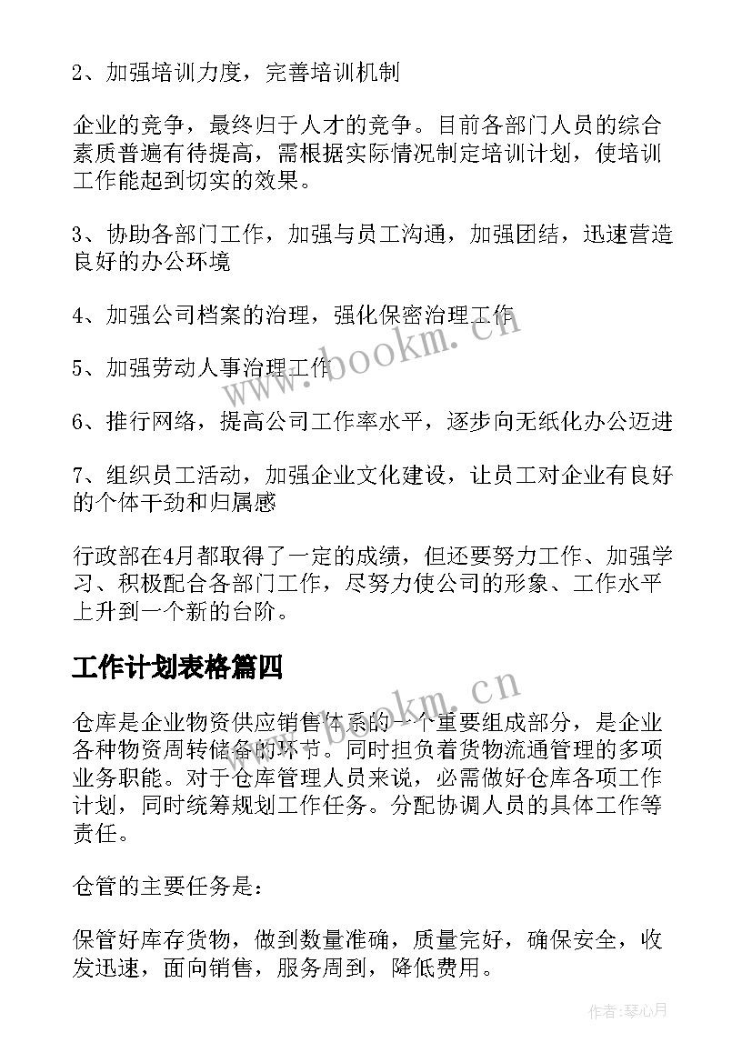 最新工作计划表格 工作计划表格格式工作计划表格(实用6篇)