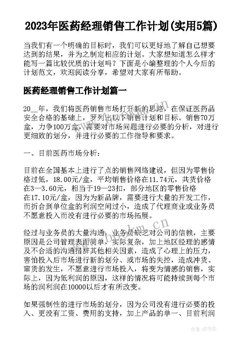 2023年医药经理销售工作计划(实用5篇)