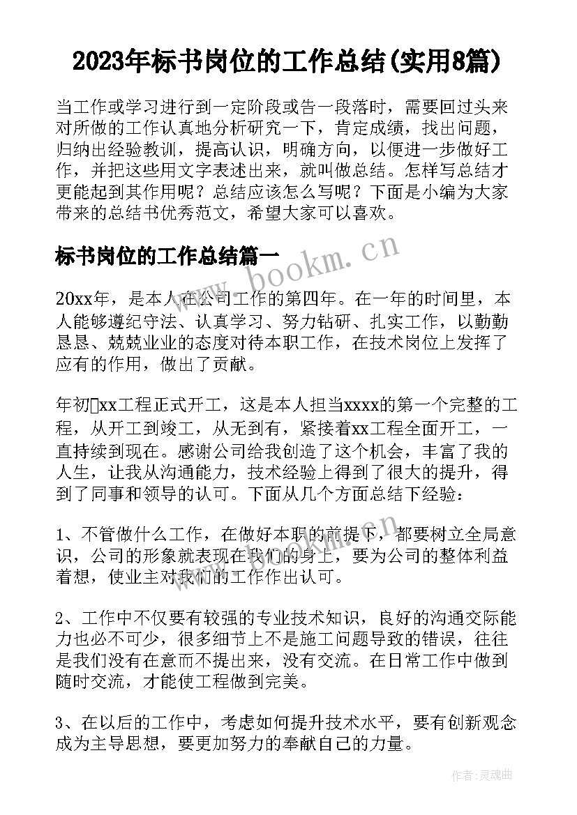 2023年标书岗位的工作总结(实用8篇)