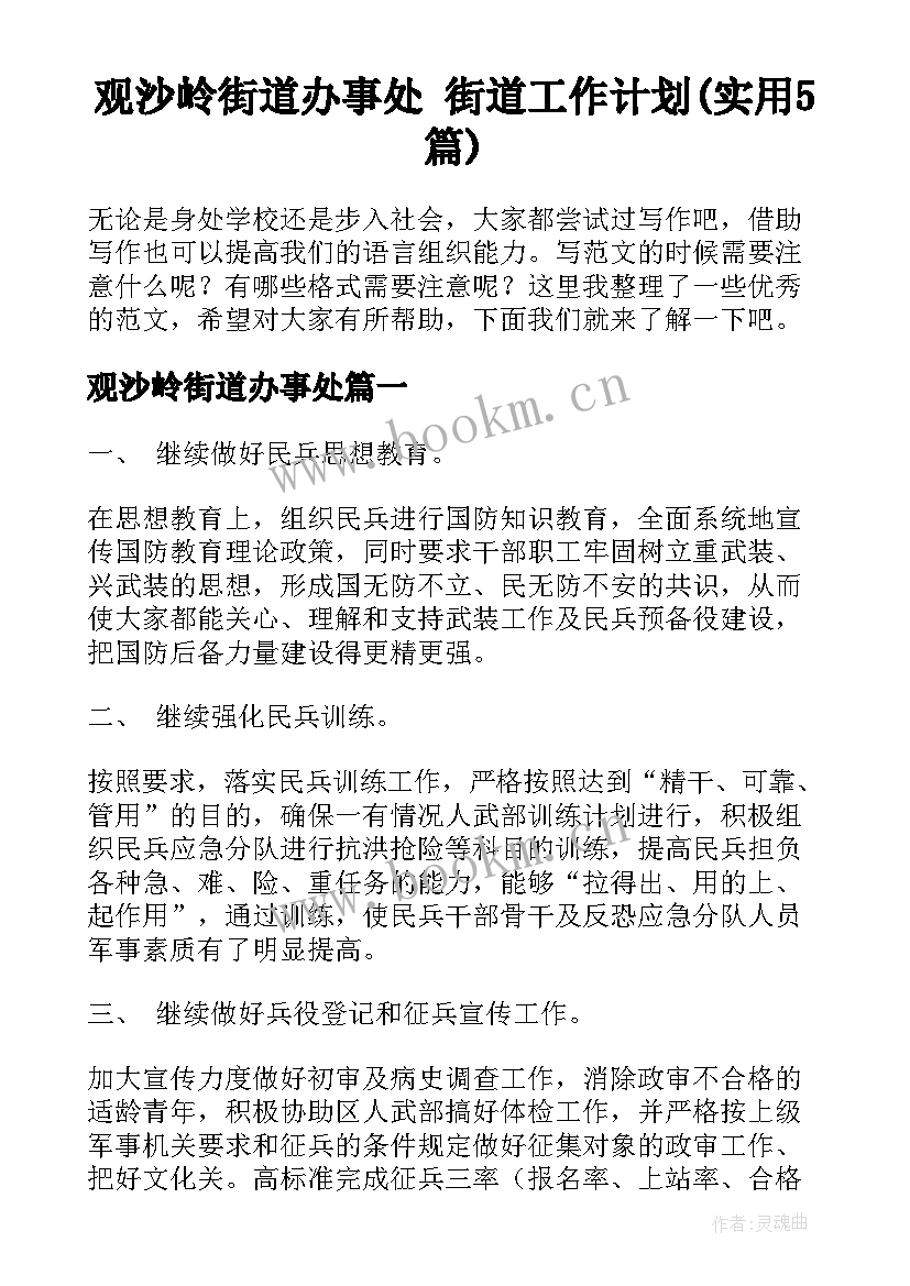 观沙岭街道办事处 街道工作计划(实用5篇)