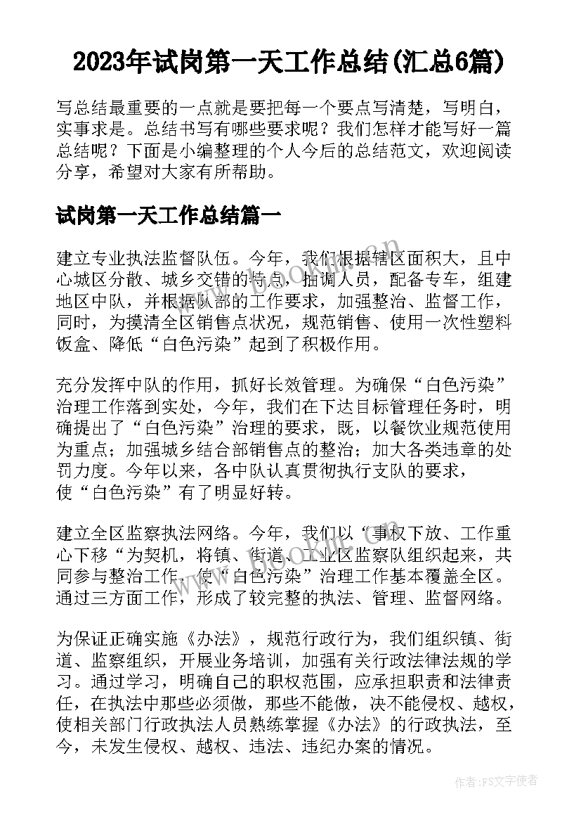 2023年试岗第一天工作总结(汇总6篇)