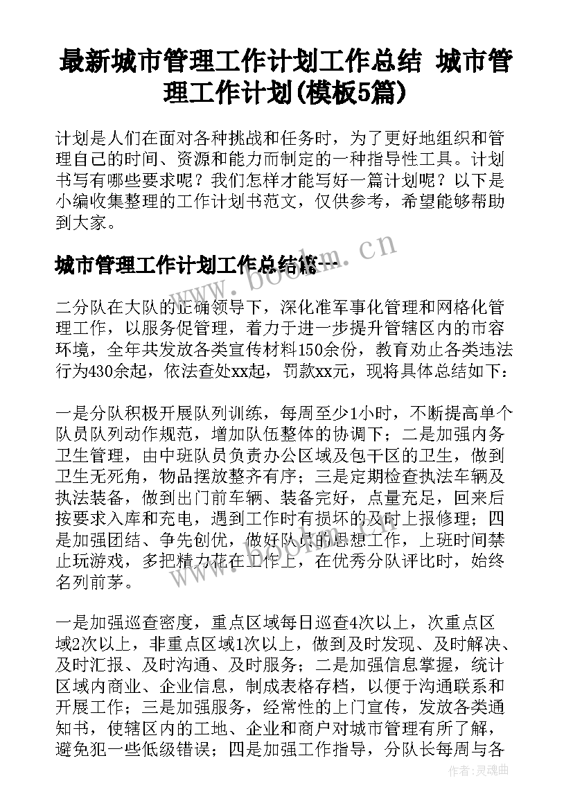 最新城市管理工作计划工作总结 城市管理工作计划(模板5篇)