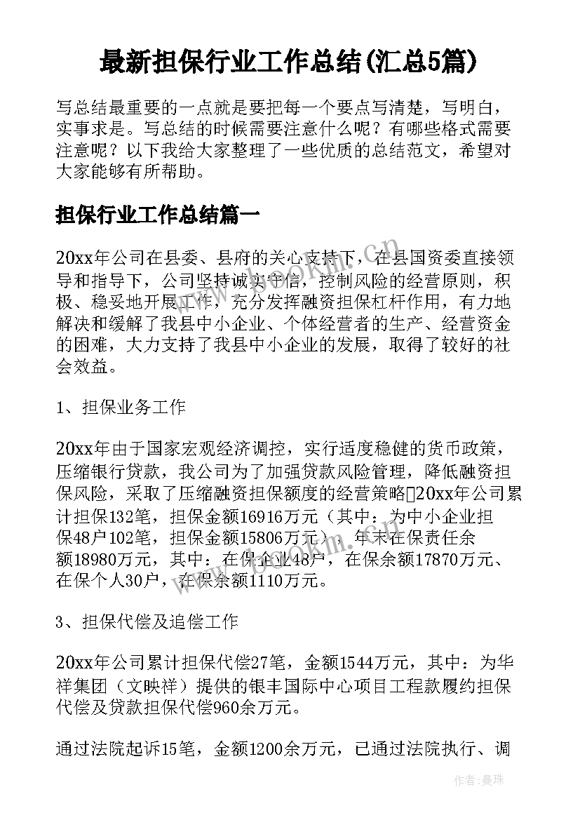 最新担保行业工作总结(汇总5篇)