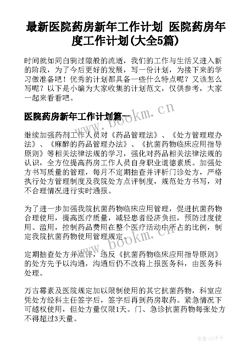 最新医院药房新年工作计划 医院药房年度工作计划(大全5篇)