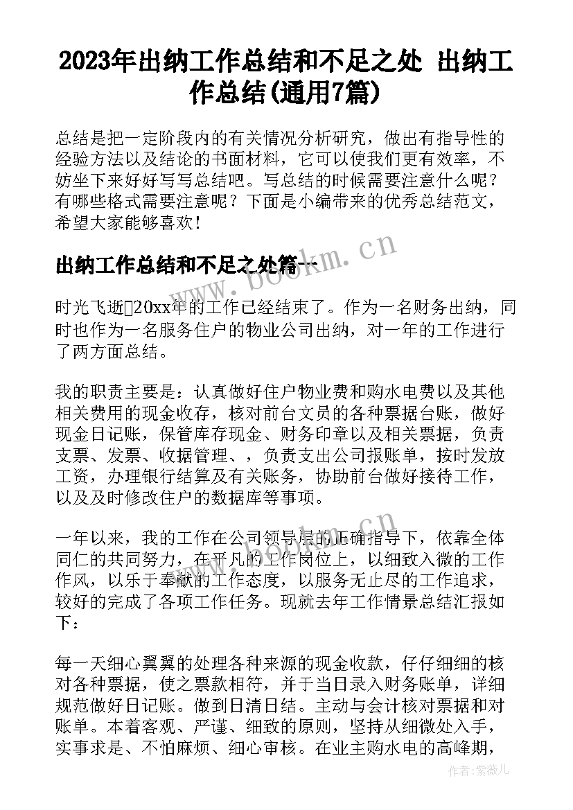 2023年出纳工作总结和不足之处 出纳工作总结(通用7篇)