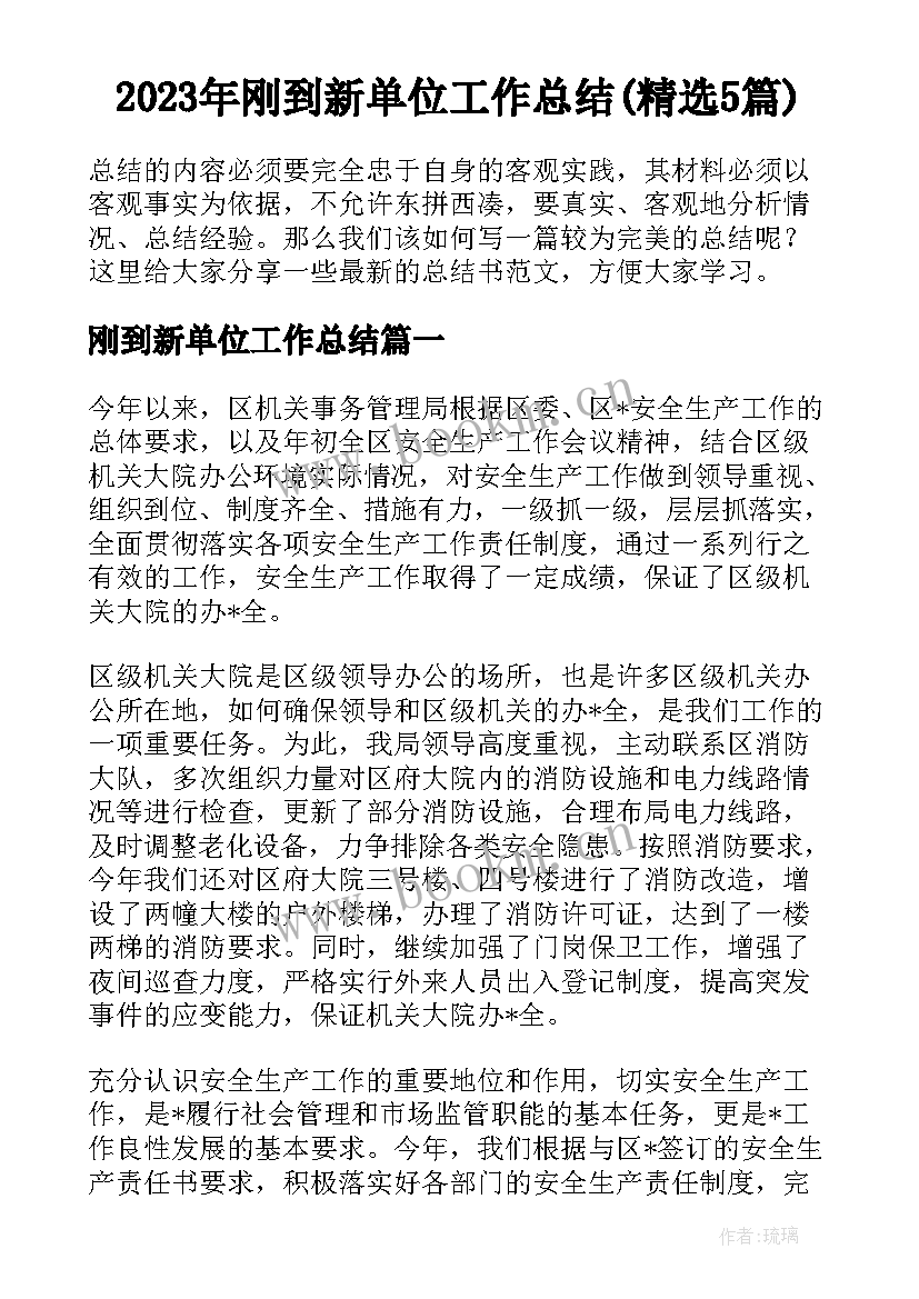 2023年刚到新单位工作总结(精选5篇)