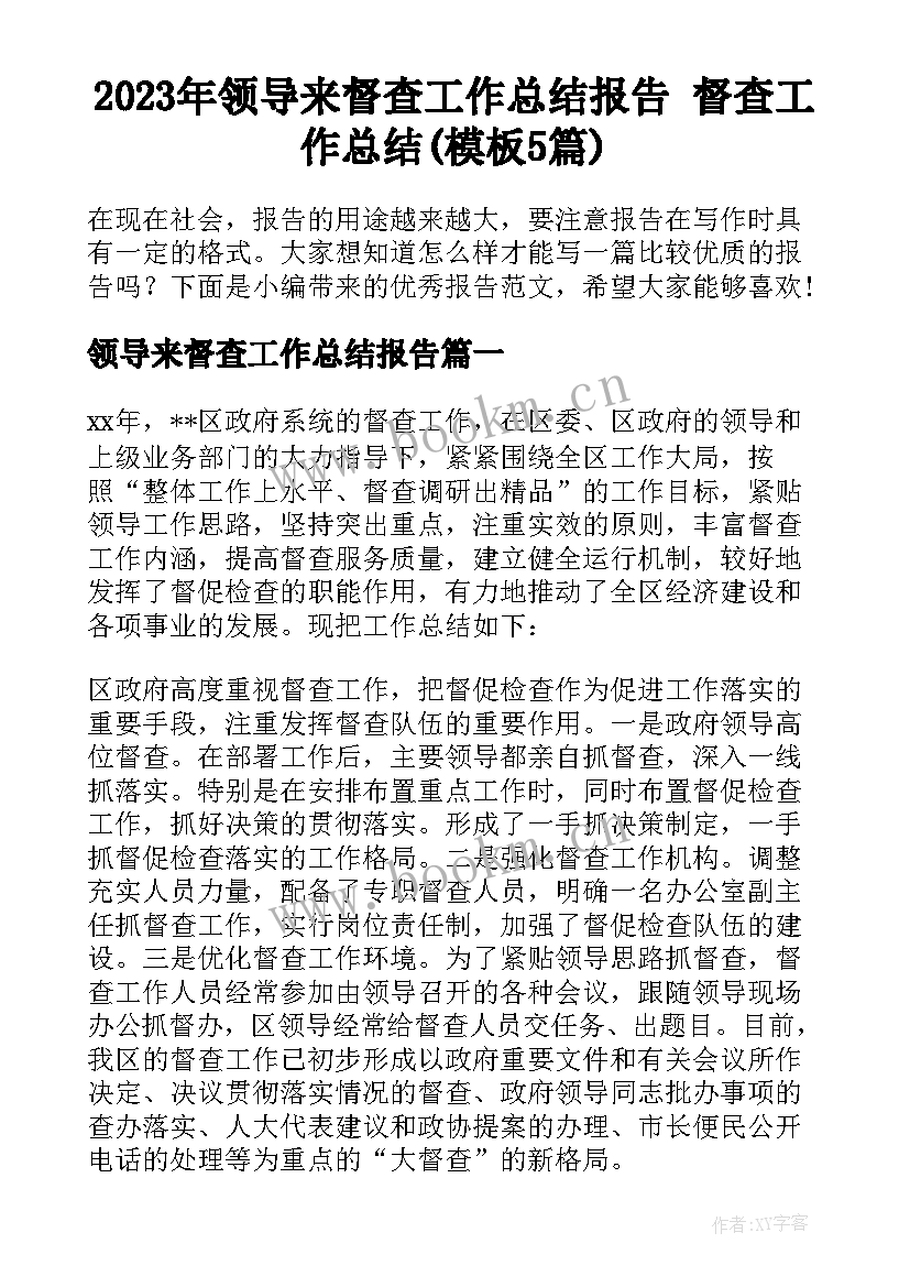 2023年领导来督查工作总结报告 督查工作总结(模板5篇)