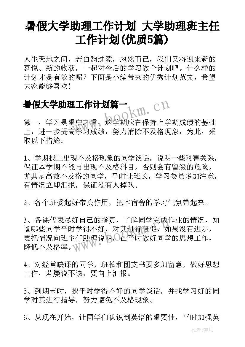 暑假大学助理工作计划 大学助理班主任工作计划(优质5篇)