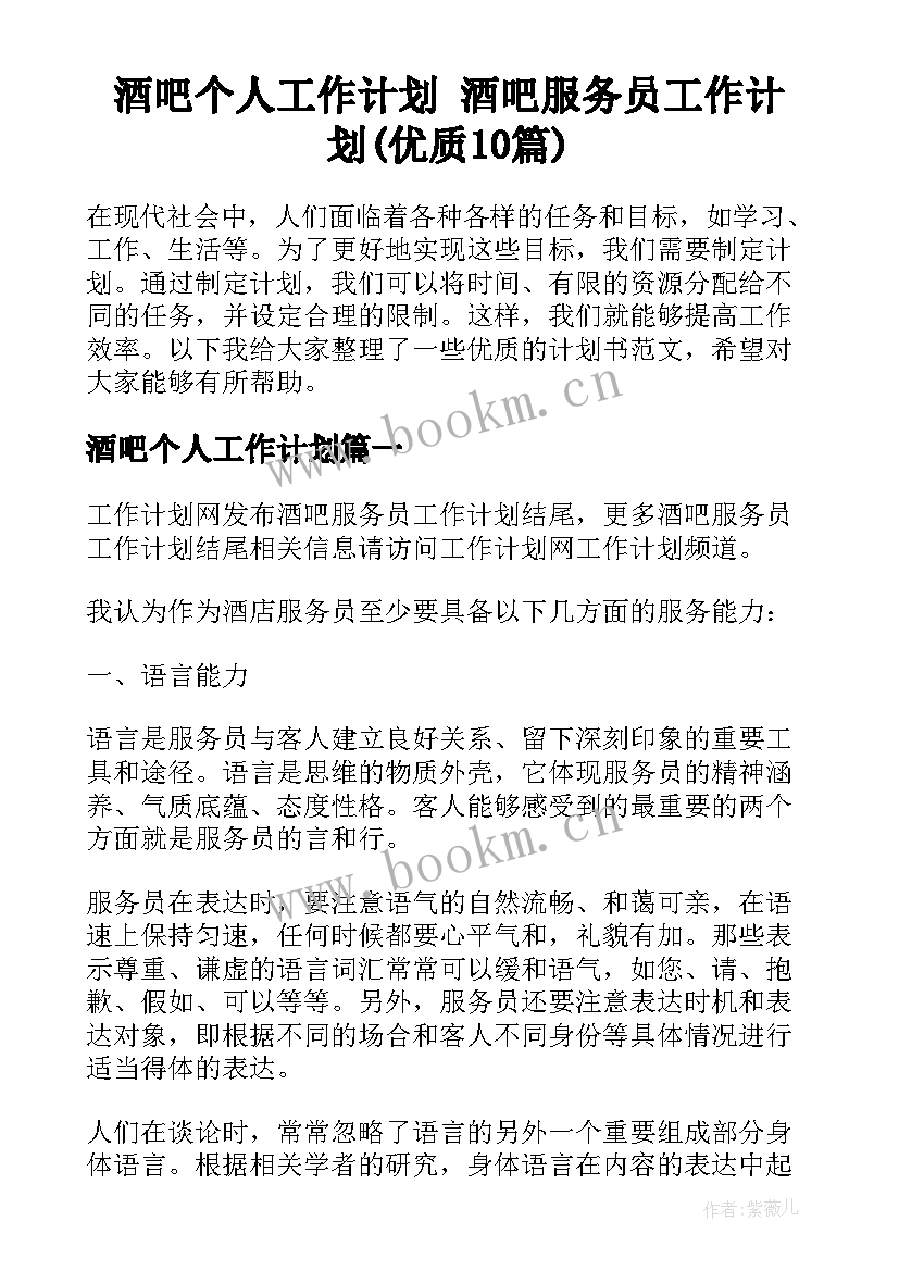 酒吧个人工作计划 酒吧服务员工作计划(优质10篇)