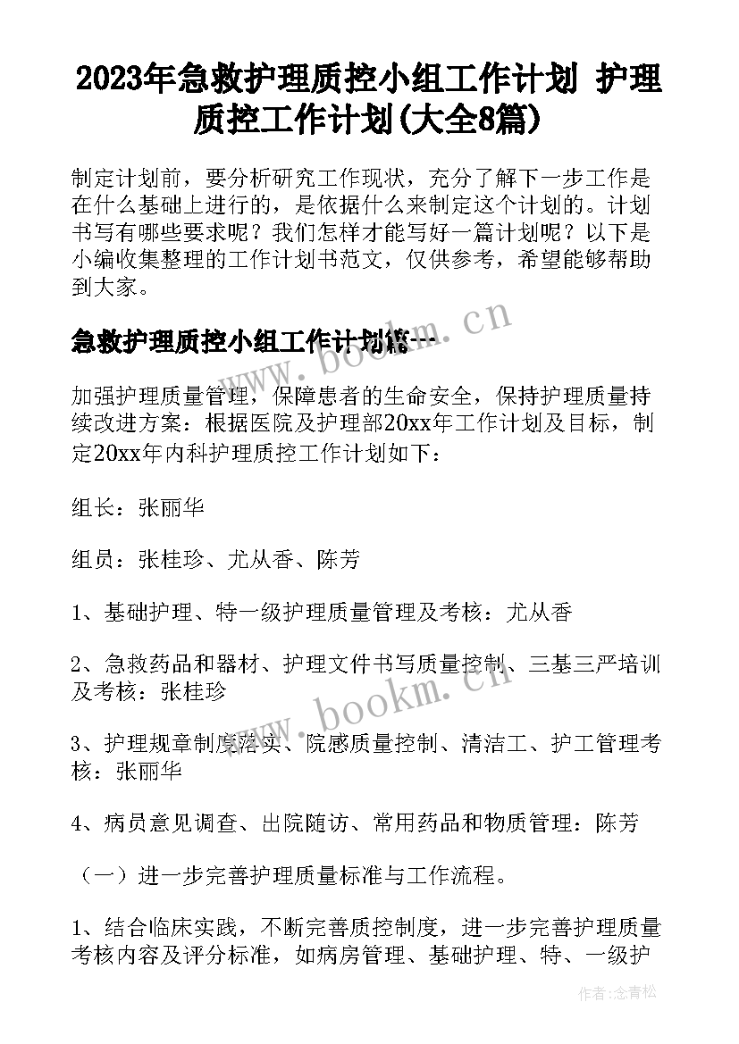 2023年急救护理质控小组工作计划 护理质控工作计划(大全8篇)