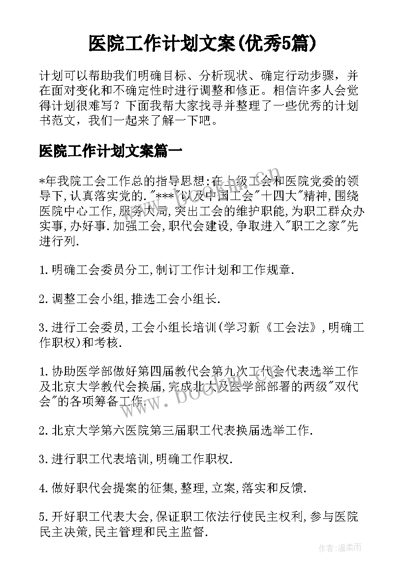 医院工作计划文案(优秀5篇)