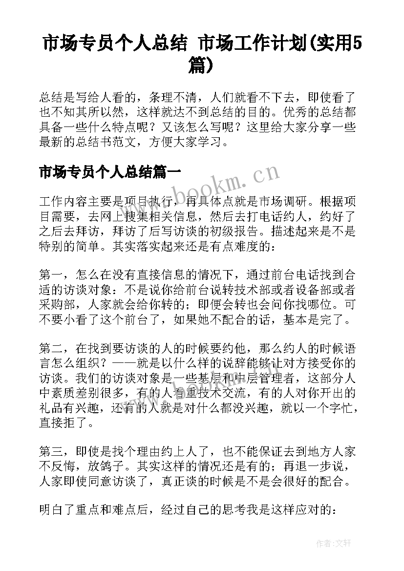 市场专员个人总结 市场工作计划(实用5篇)