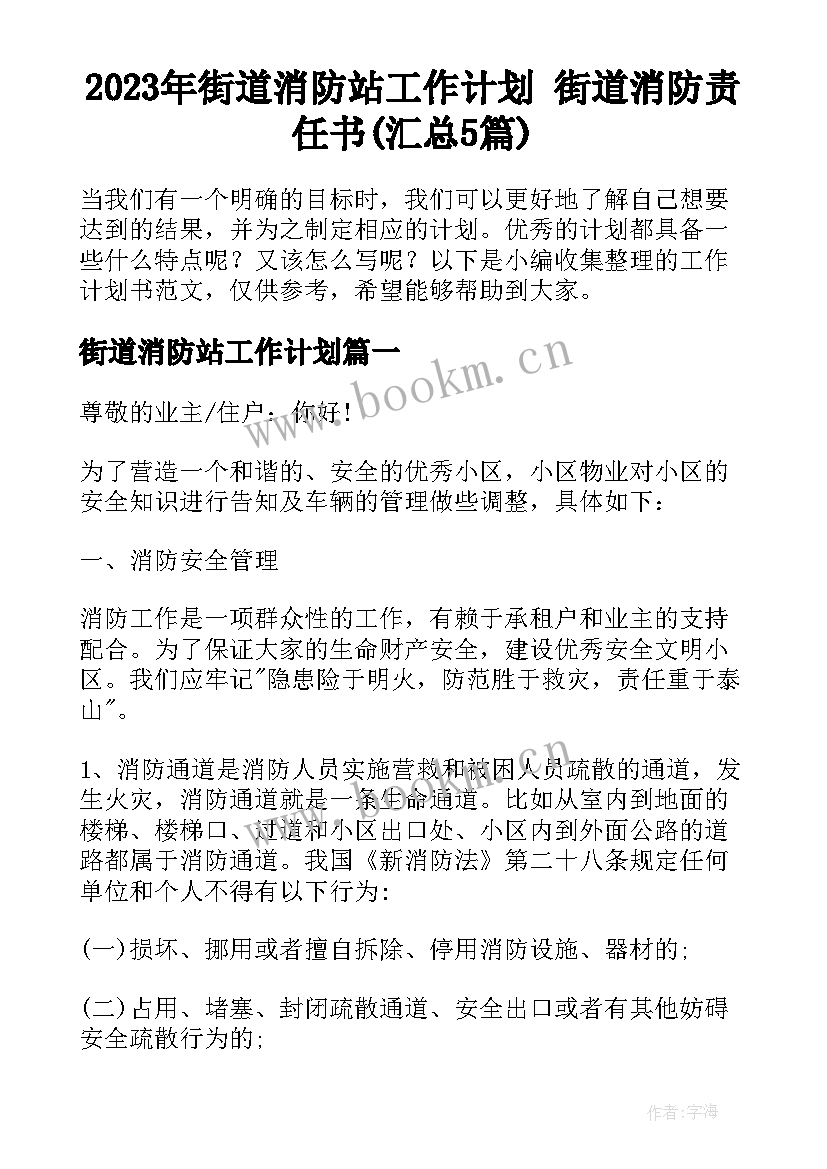 2023年街道消防站工作计划 街道消防责任书(汇总5篇)