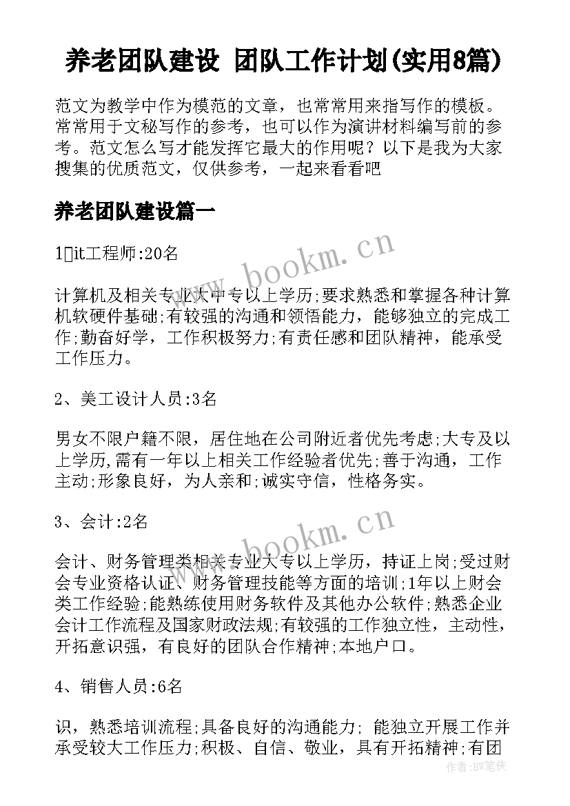 养老团队建设 团队工作计划(实用8篇)