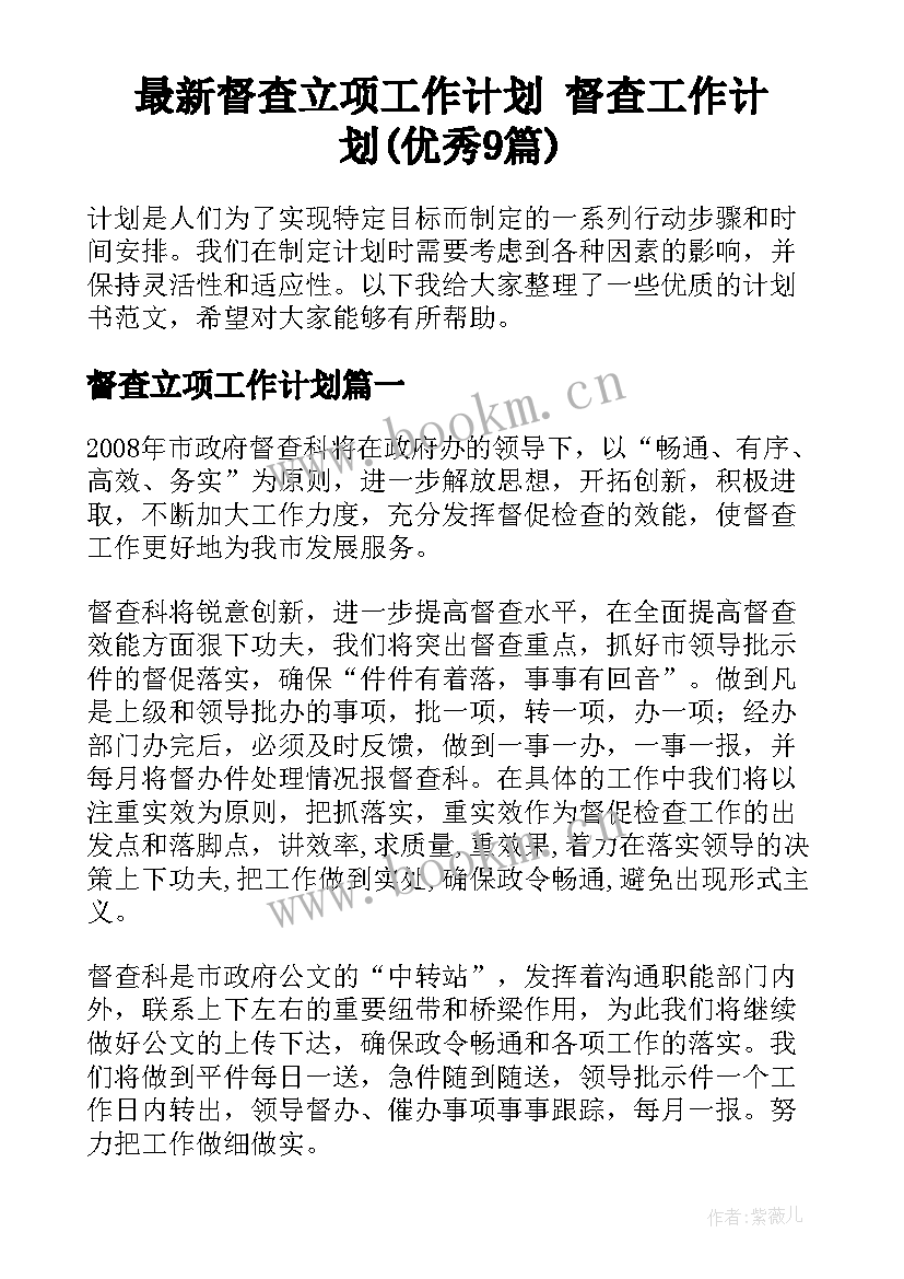 最新督查立项工作计划 督查工作计划(优秀9篇)