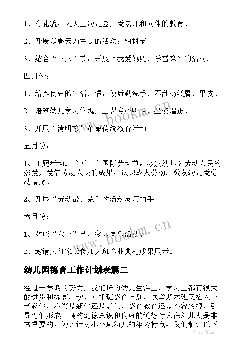 幼儿园德育工作计划表 幼儿园德育工作计划(实用5篇)