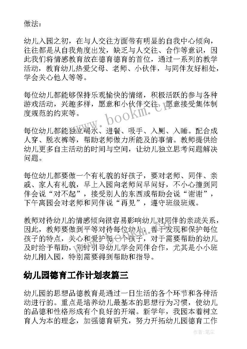 幼儿园德育工作计划表 幼儿园德育工作计划(实用5篇)