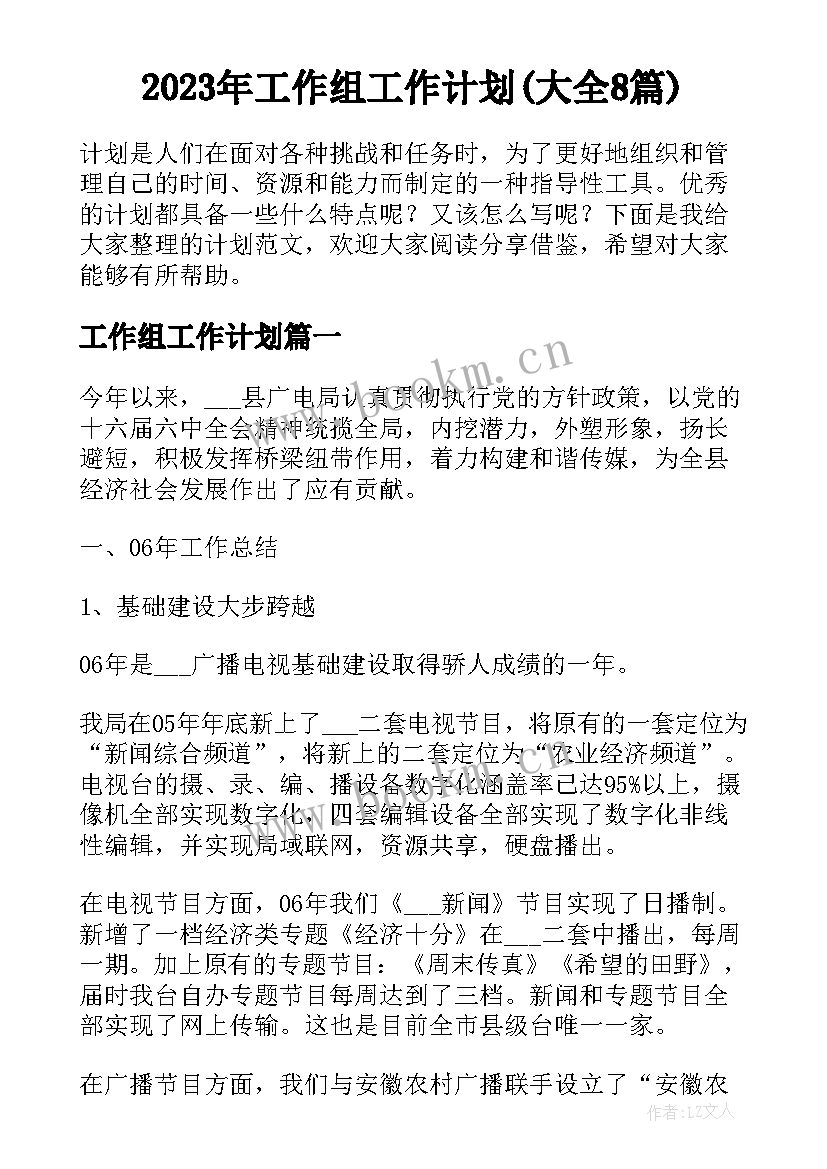 2023年工作组工作计划(大全8篇)