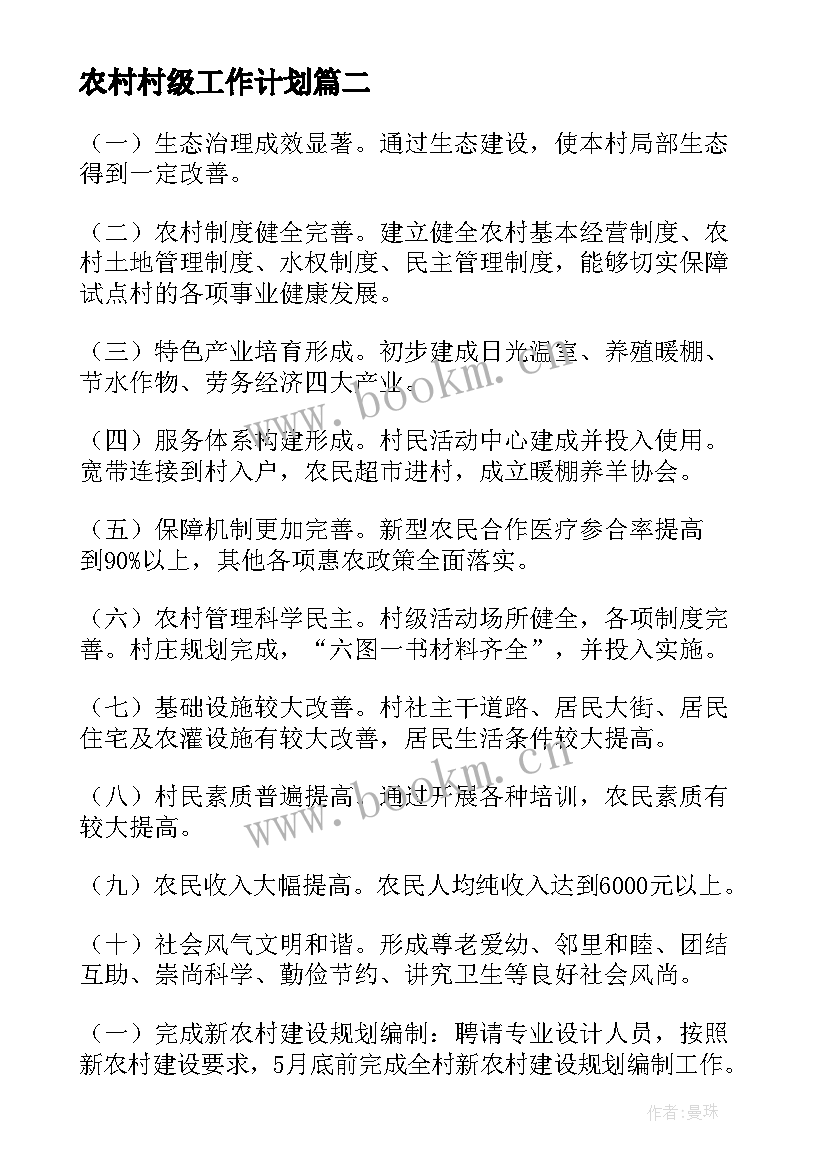 农村村级工作计划(通用5篇)