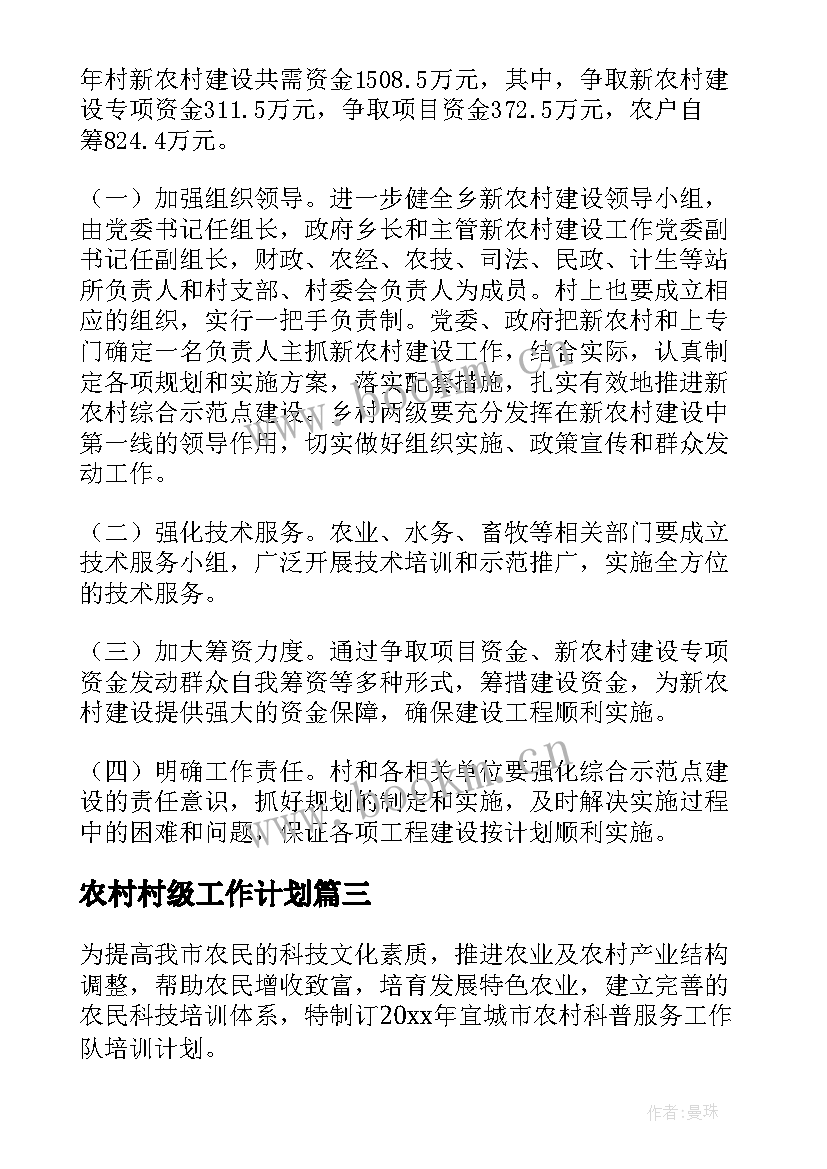 农村村级工作计划(通用5篇)