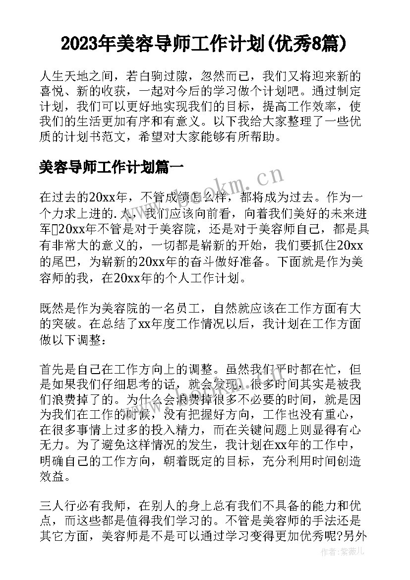 2023年美容导师工作计划(优秀8篇)