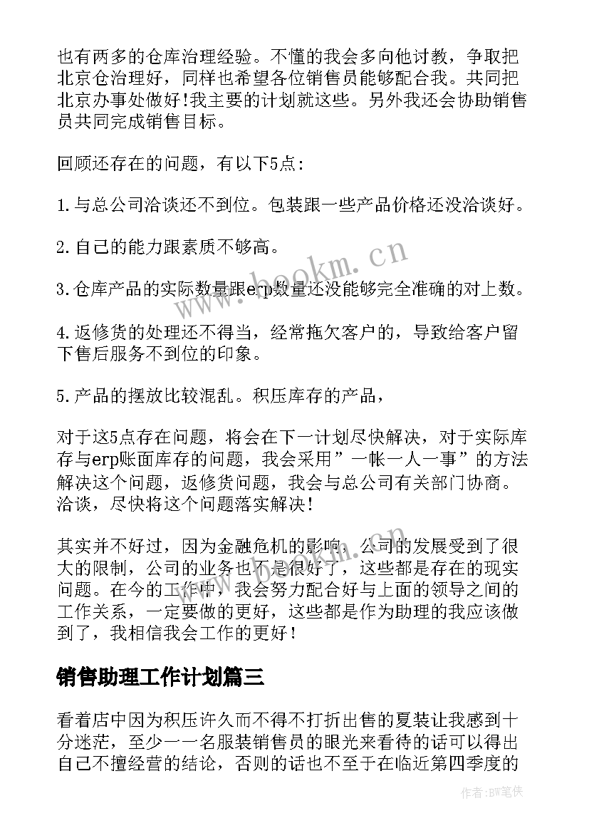 销售助理工作计划(优秀5篇)