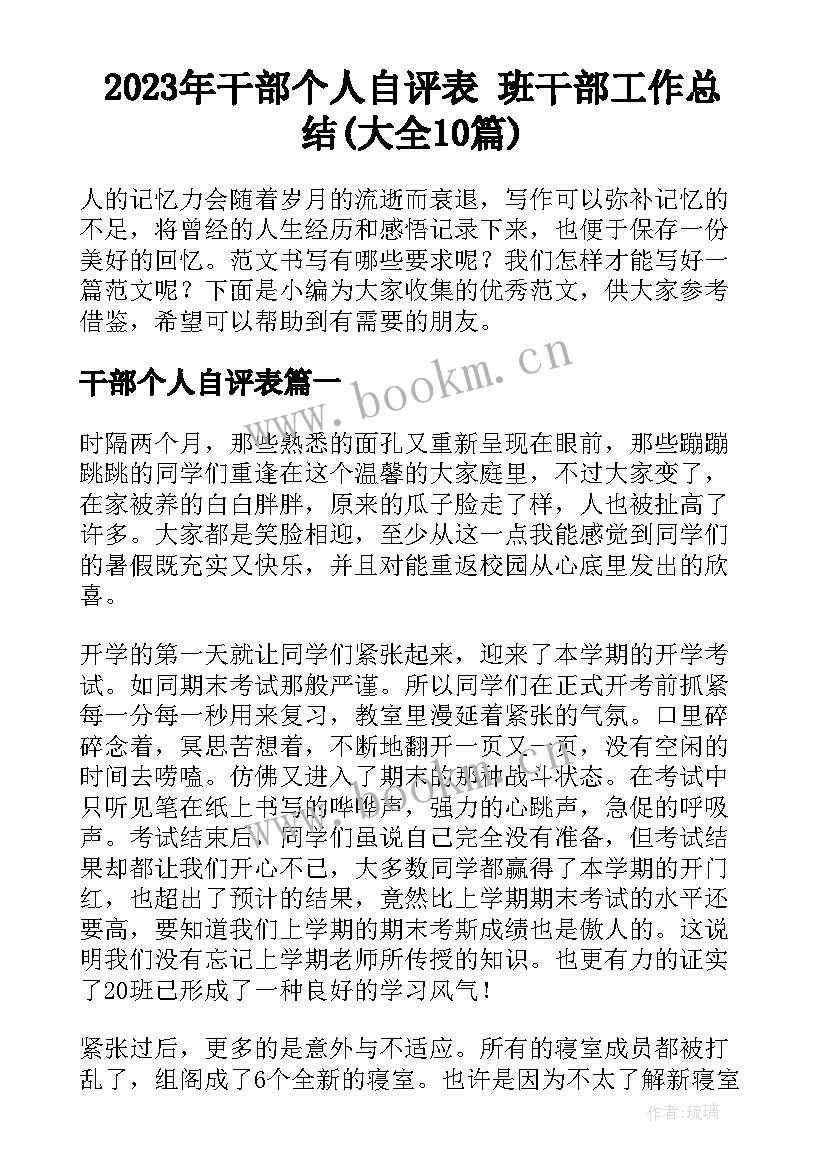 2023年干部个人自评表 班干部工作总结(大全10篇)