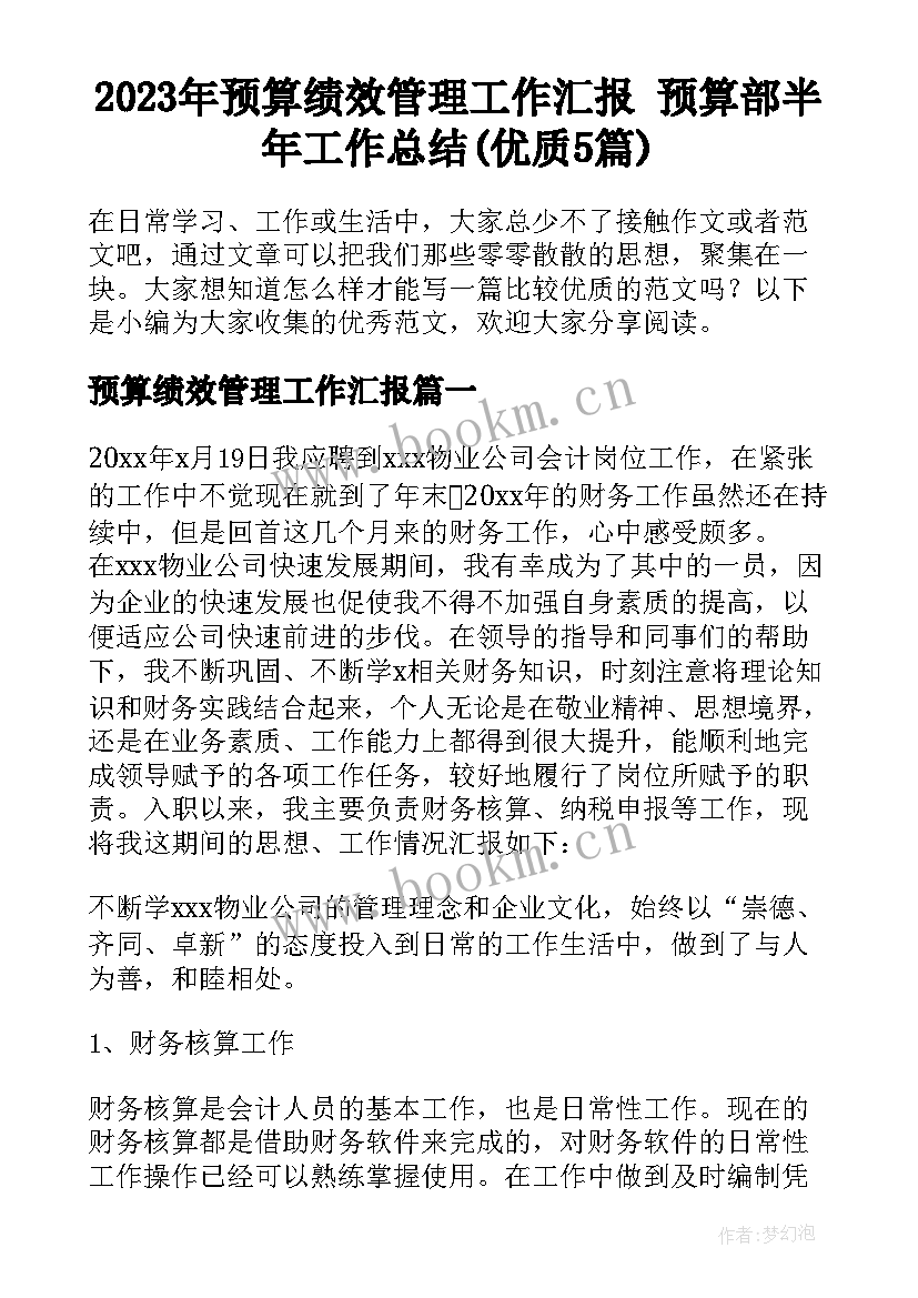 2023年预算绩效管理工作汇报 预算部半年工作总结(优质5篇)