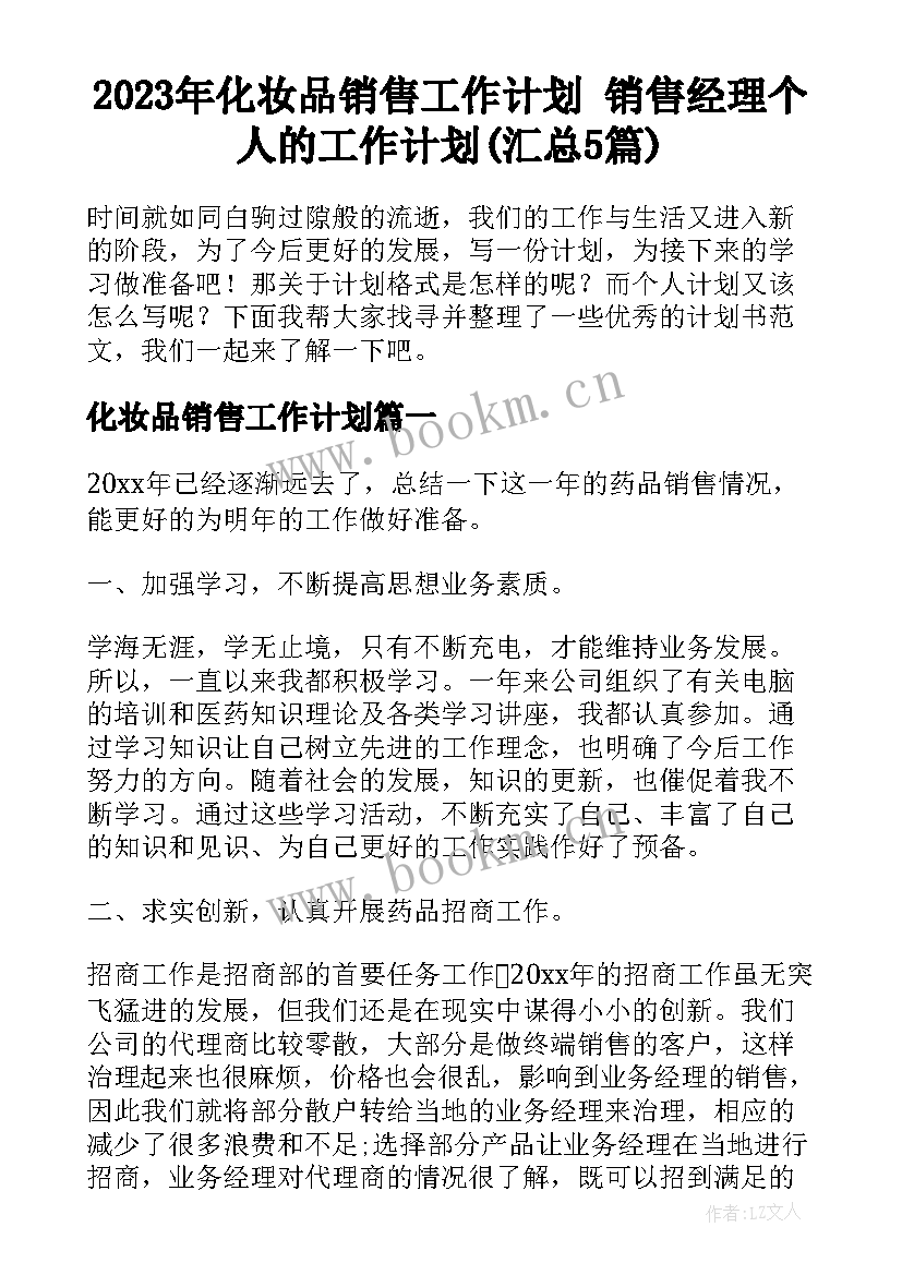 2023年化妆品销售工作计划 销售经理个人的工作计划(汇总5篇)