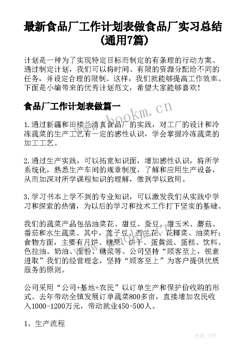 最新食品厂工作计划表做 食品厂实习总结(通用7篇)