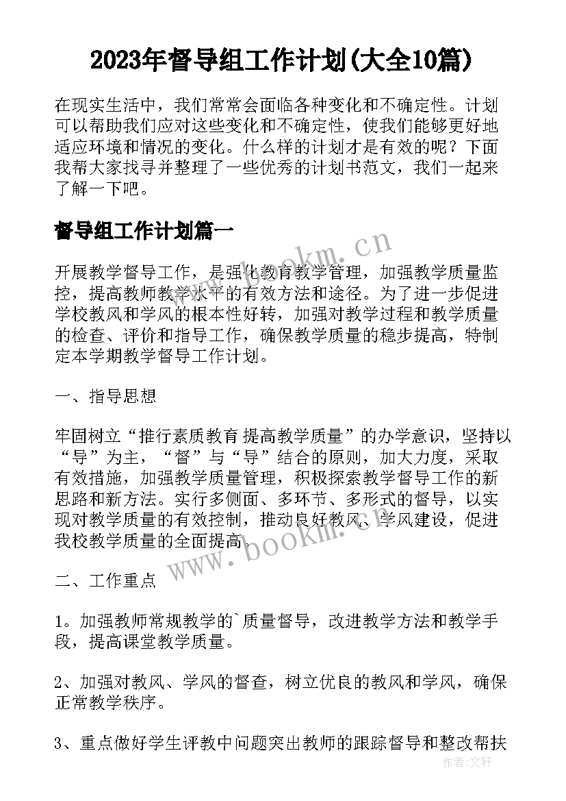 2023年督导组工作计划(大全10篇)