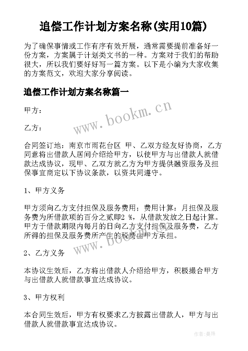 追偿工作计划方案名称(实用10篇)