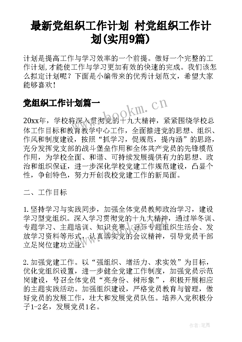 最新党组织工作计划 村党组织工作计划(实用9篇)