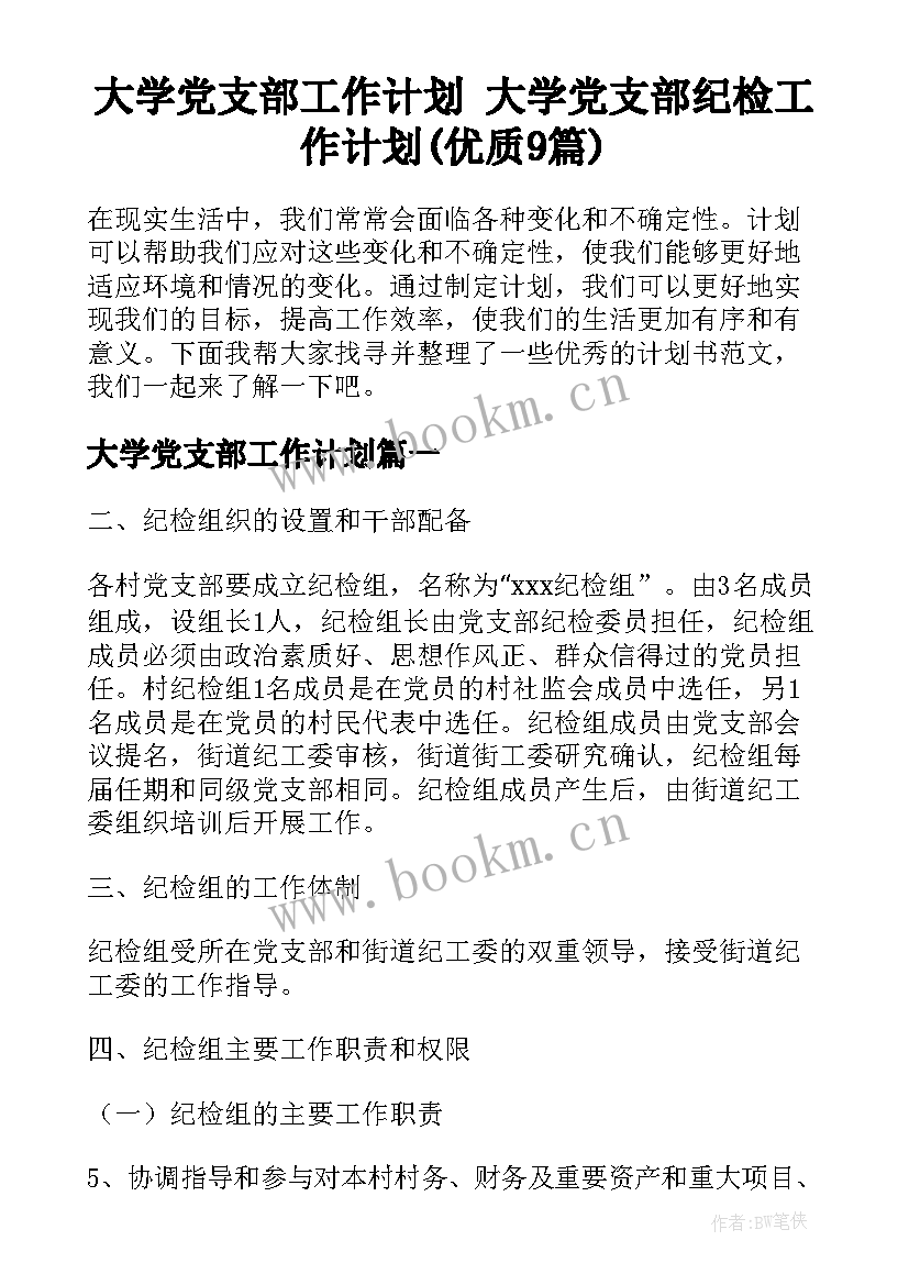 大学党支部工作计划 大学党支部纪检工作计划(优质9篇)