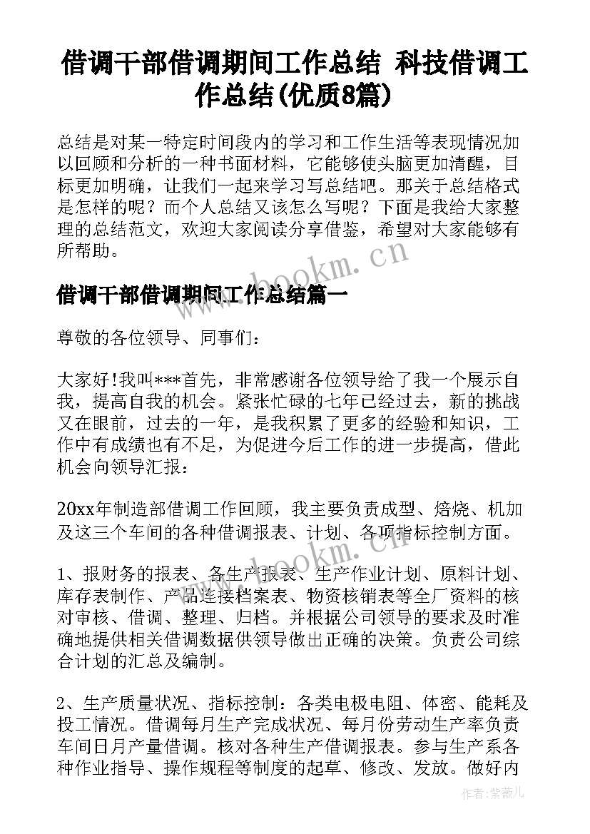 借调干部借调期间工作总结 科技借调工作总结(优质8篇)