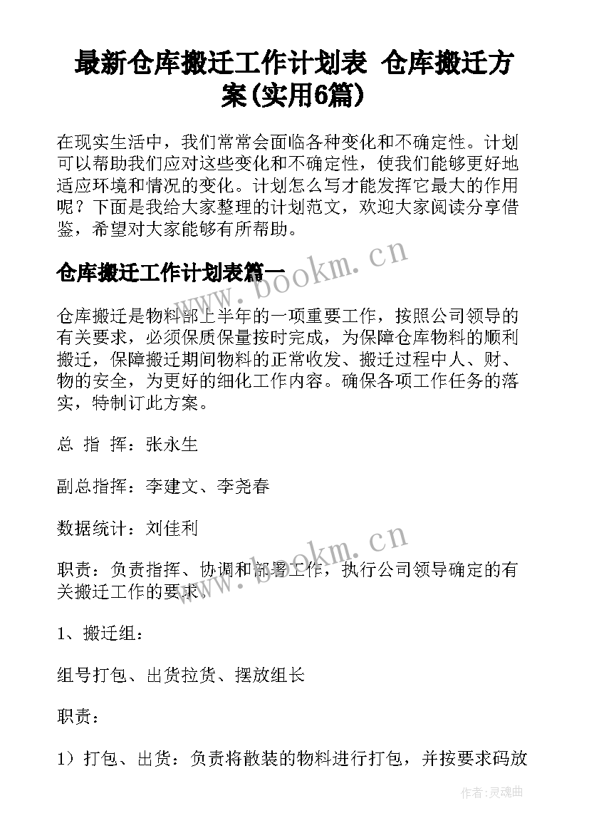 最新仓库搬迁工作计划表 仓库搬迁方案(实用6篇)